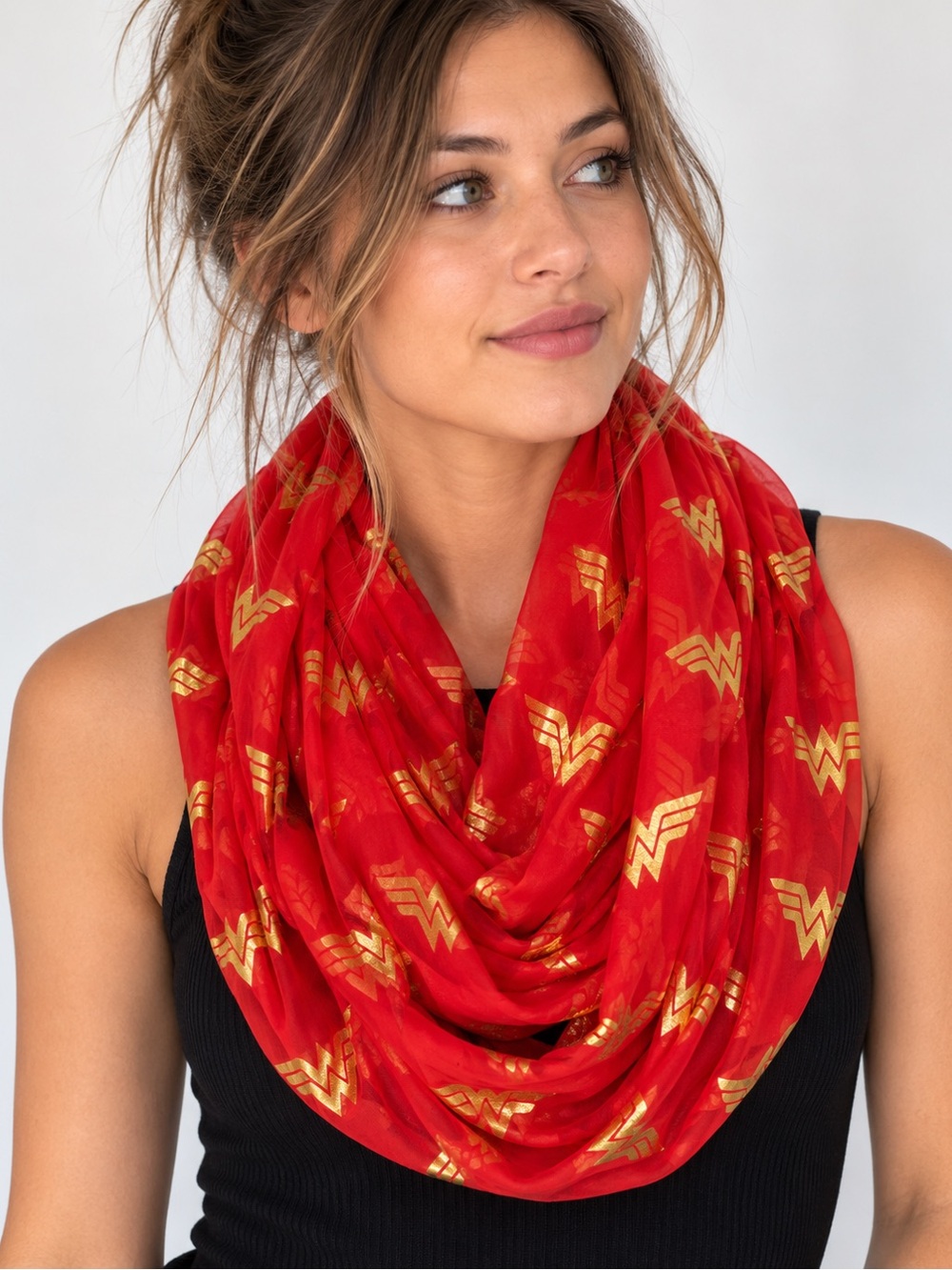 DC Comics Originals Wonder Woman Infinity Scarf Red Gold Metallic Logo Sheer